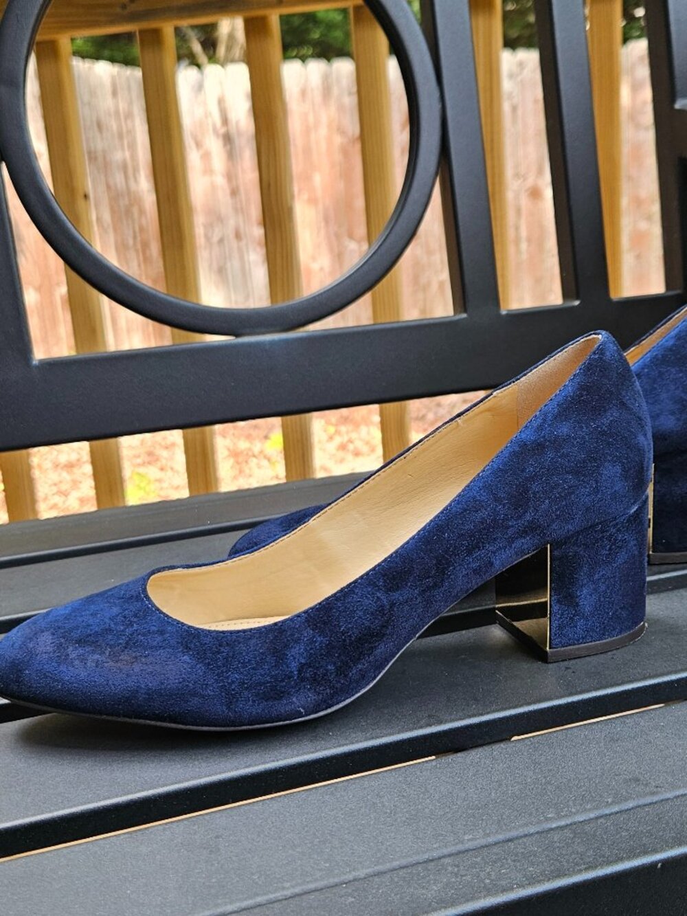 Talbots Navy Isa Suede Block Heels Gold Panel Almond Toe - Sz 7.5